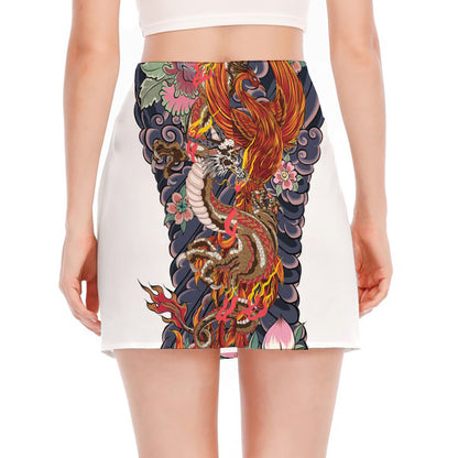 Japanese Dragon And Phoenix Tattoo Print Side Slit Mini Skirt