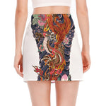 Japanese Dragon And Phoenix Tattoo Print Side Slit Mini Skirt