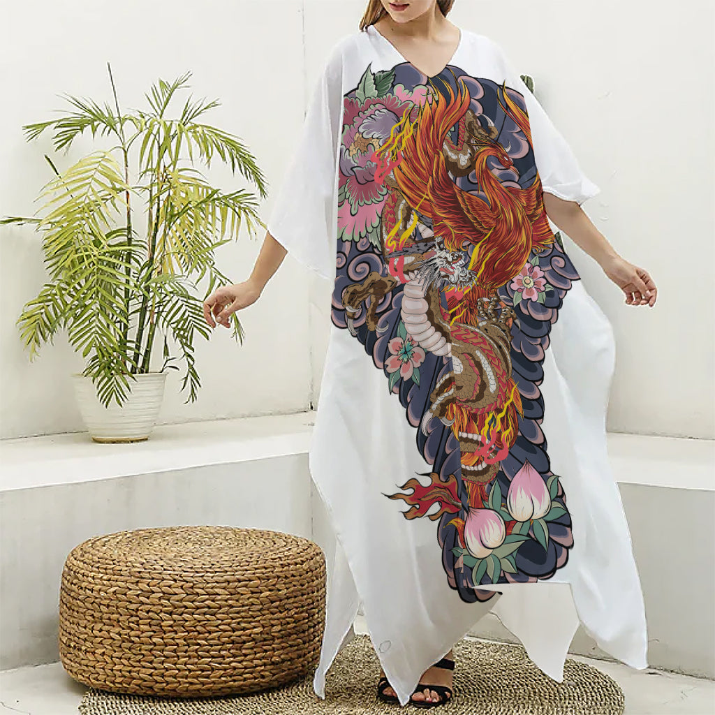 Japanese Dragon And Phoenix Tattoo Print Silk V-Neck Kaftan Dress