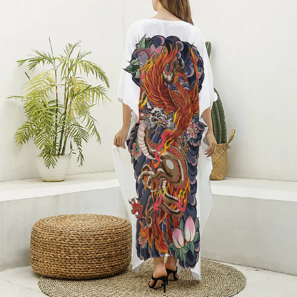 Japanese Dragon And Phoenix Tattoo Print Silk V-Neck Kaftan Dress