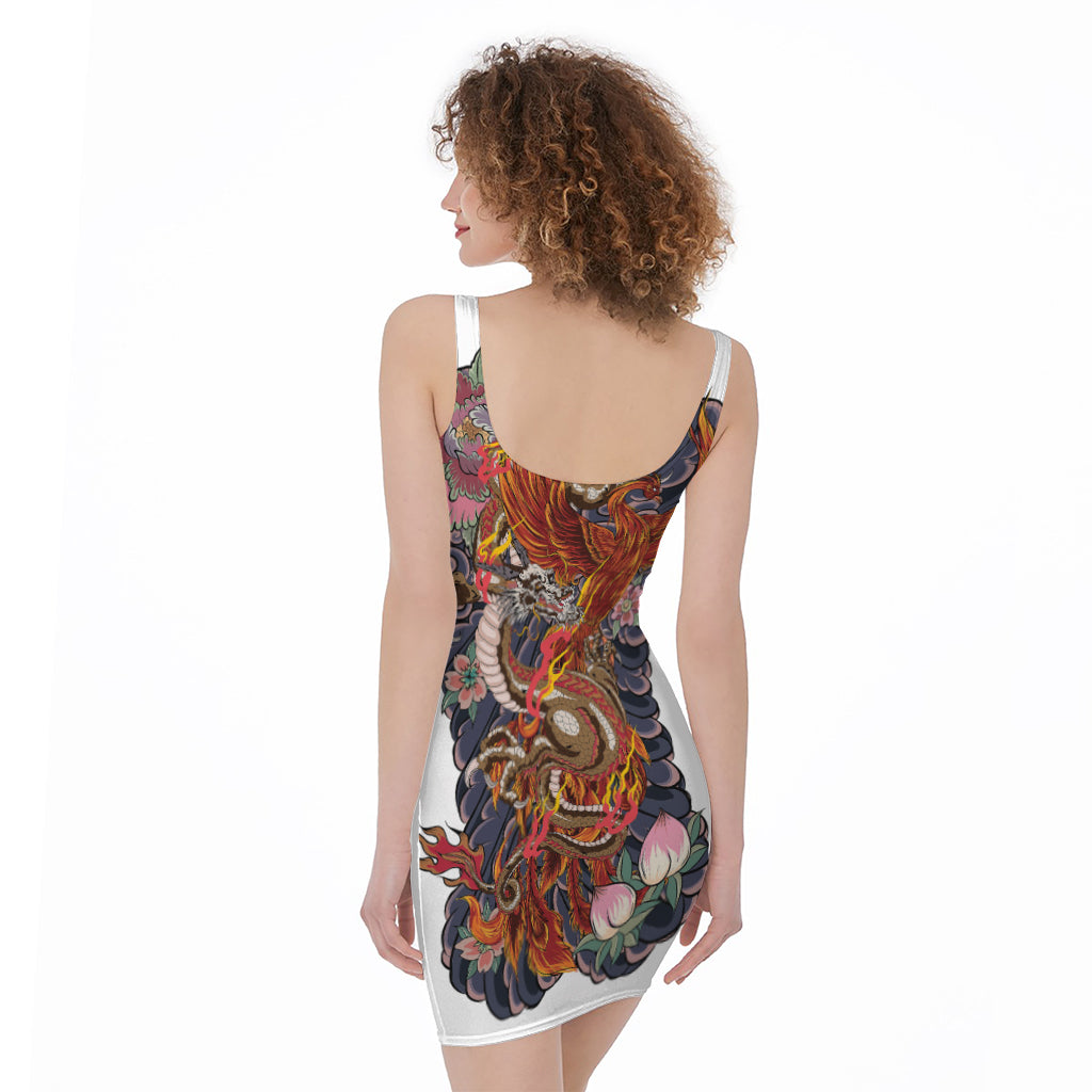 Japanese Dragon And Phoenix Tattoo Print Sleeveless Bodycon Dress