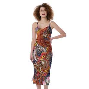 Japanese Dragon And Phoenix Tattoo Print Slim Fit Midi Cami Dress