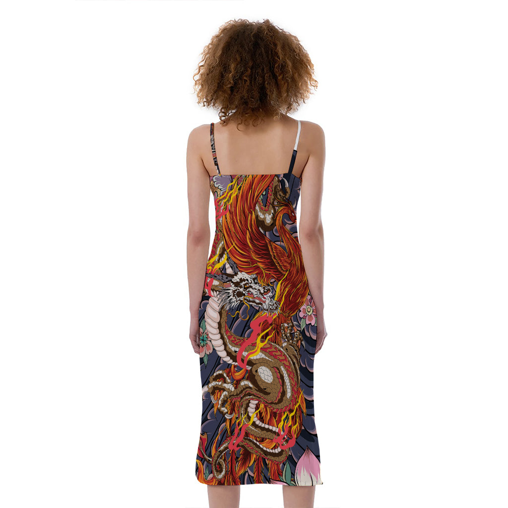 Japanese Dragon And Phoenix Tattoo Print Slim Fit Midi Cami Dress