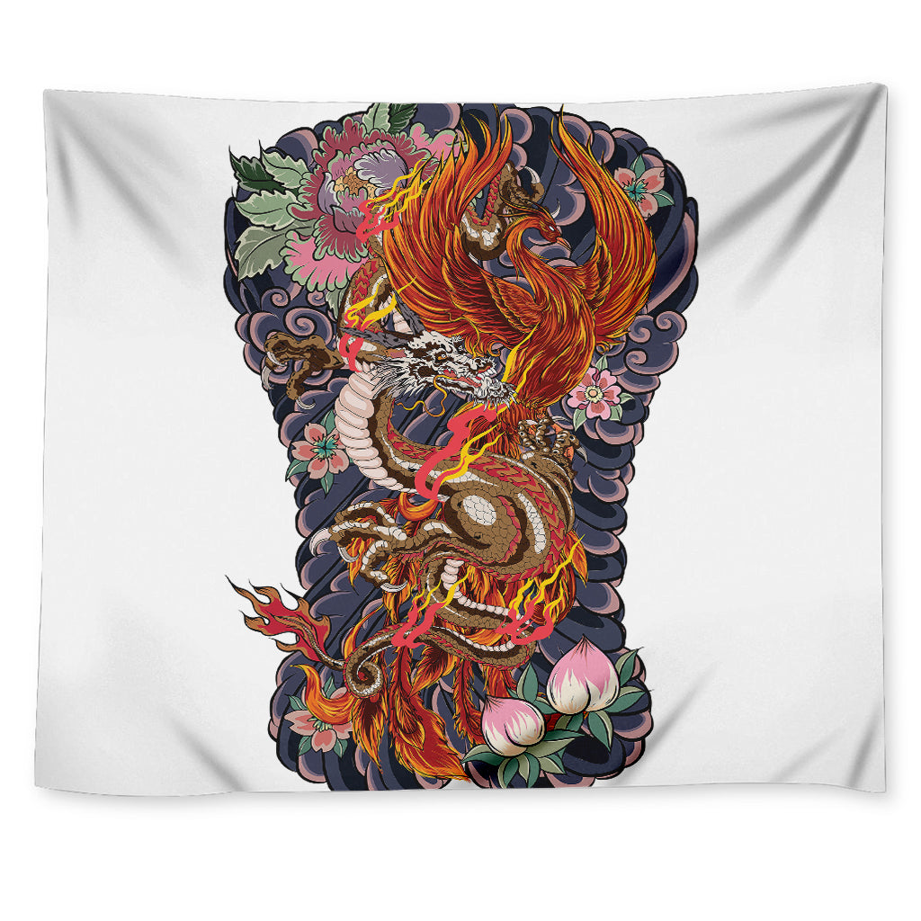 Japanese Dragon And Phoenix Tattoo Print Tapestry