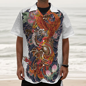 Japanese Dragon And Phoenix Tattoo Print Textured Short Sleeve Shirt