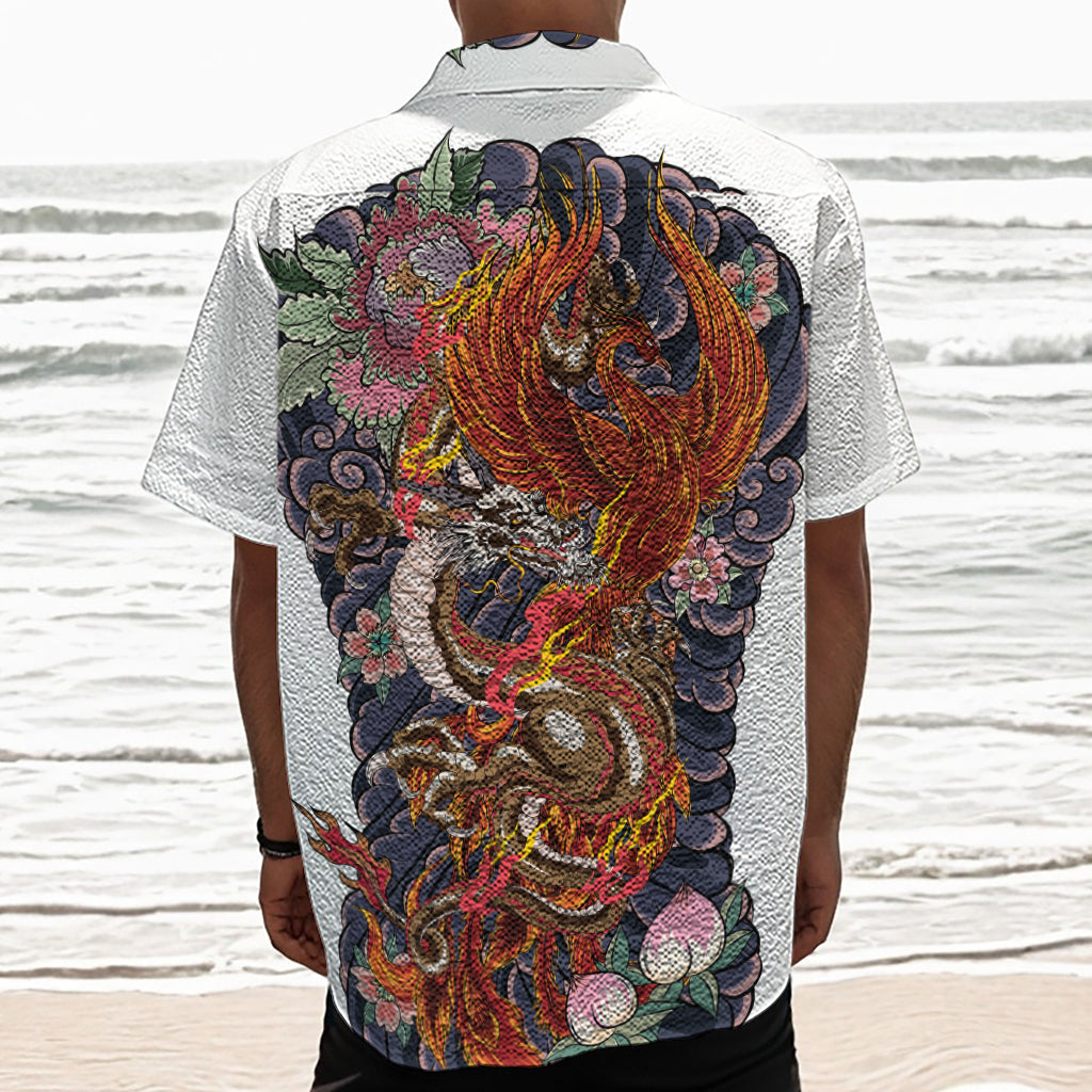 Japanese Dragon And Phoenix Tattoo Print Textured Short Sleeve Shirt