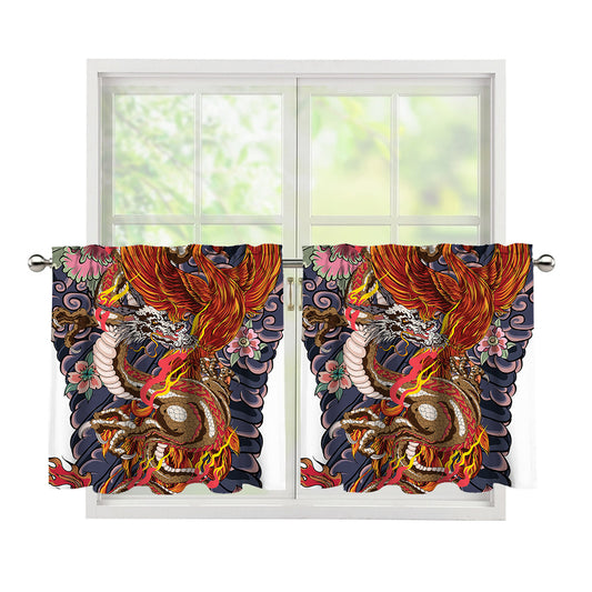 Japanese Dragon And Phoenix Tattoo Print Tier Curtains