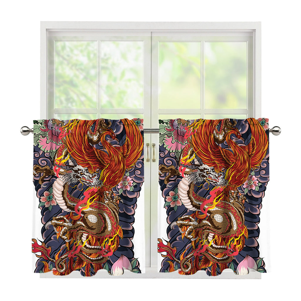 Japanese Dragon And Phoenix Tattoo Print Tier Curtains