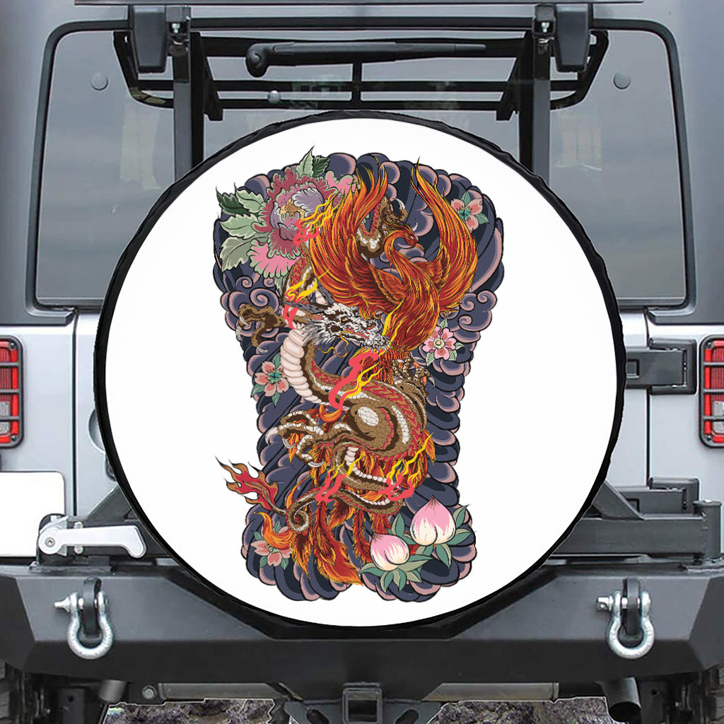 Japanese Dragon And Phoenix Tattoo Print Tire Cover