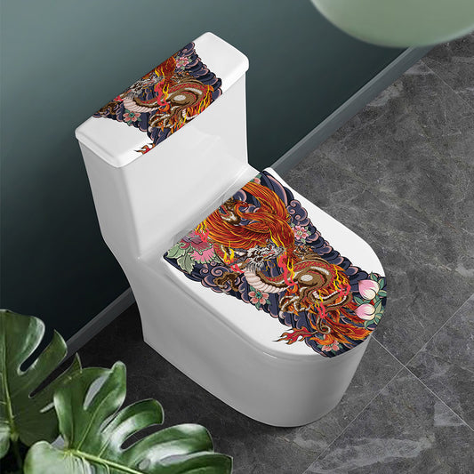 Japanese Dragon And Phoenix Tattoo Print Toilet Lid And Tank Cover Set