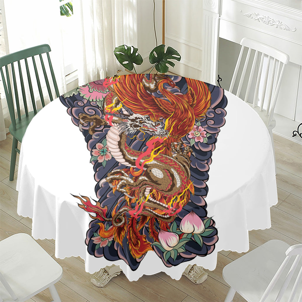 Japanese Dragon And Phoenix Tattoo Print Waterproof Round Tablecloth
