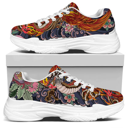 Japanese Dragon And Phoenix Tattoo Print White Chunky Shoes