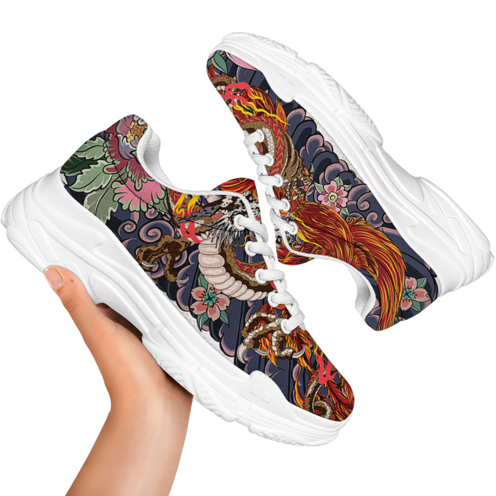Japanese Dragon And Phoenix Tattoo Print White Chunky Shoes