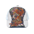 Japanese Dragon And Phoenix Tattoo Print White Mesh Trucker Hat