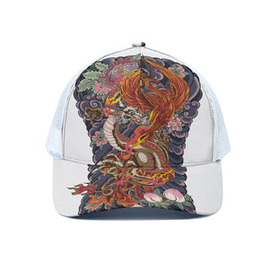 Japanese Dragon And Phoenix Tattoo Print White Mesh Trucker Cap