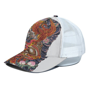 Japanese Dragon And Phoenix Tattoo Print White Mesh Trucker Cap