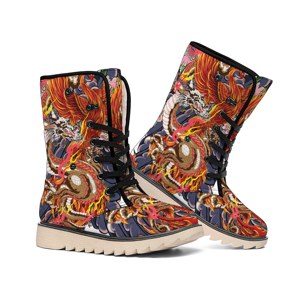 Japanese Dragon And Phoenix Tattoo Print Winter Boots