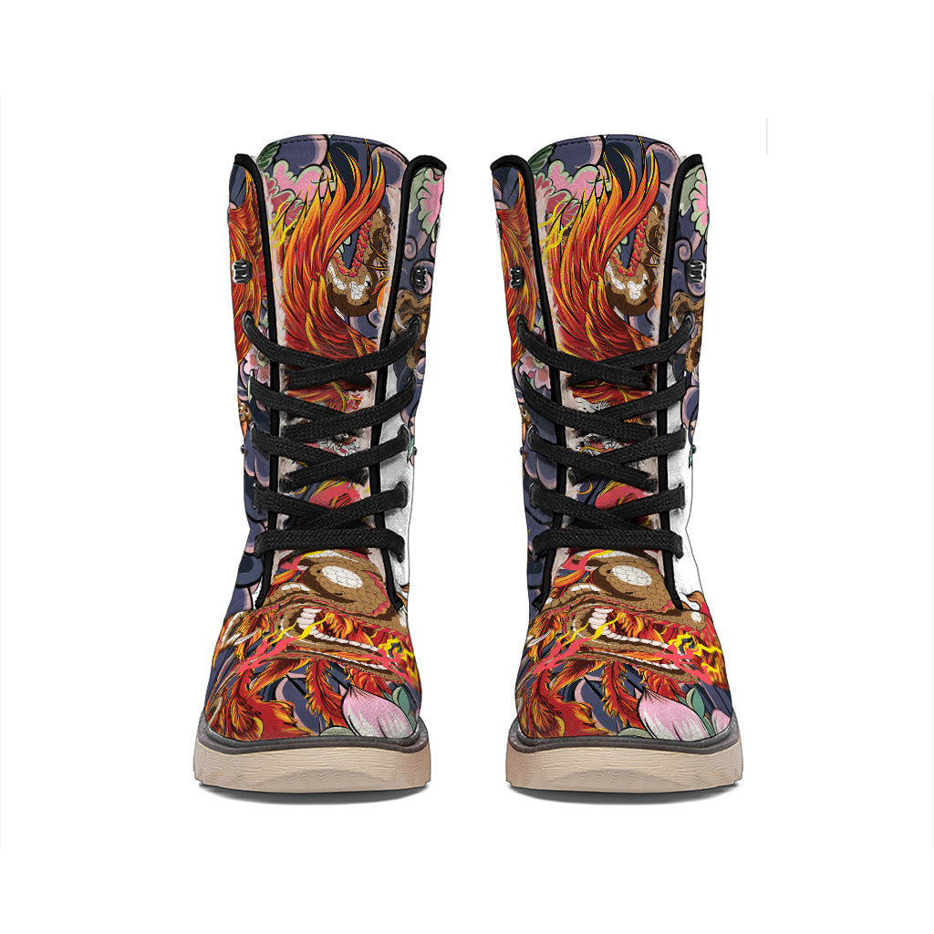 Japanese Dragon And Phoenix Tattoo Print Winter Boots