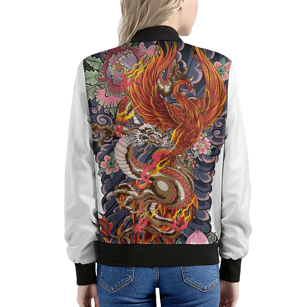 Japanese Dragon And Phoenix Tattoo Print Women's Bomber Jacket