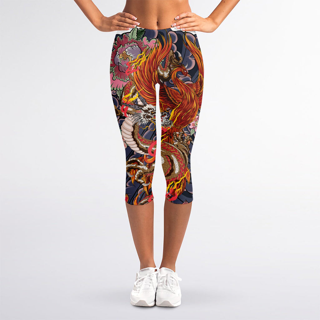 Japanese Dragon And Phoenix Tattoo Print Women's Capri Leggings