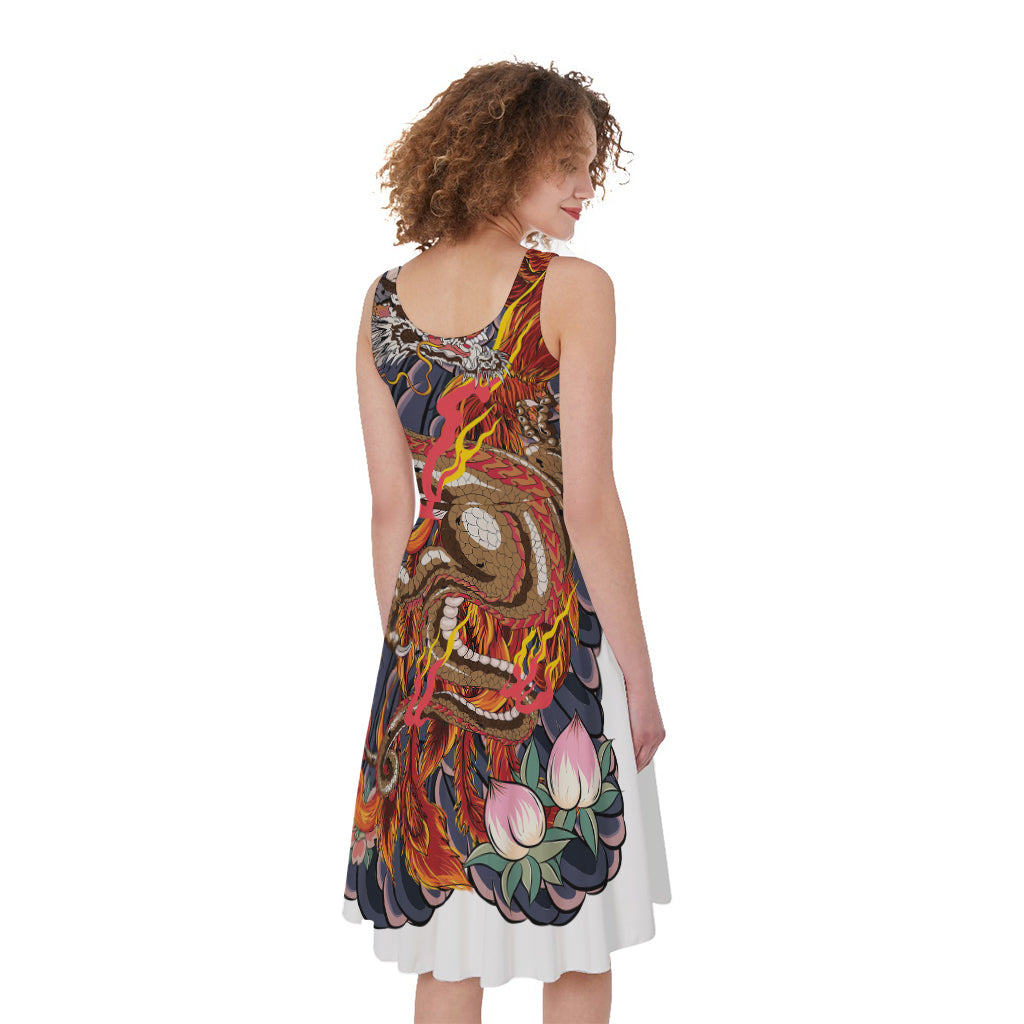 Japanese Dragon And Phoenix Tattoo Print Women's Sleeveless Dress