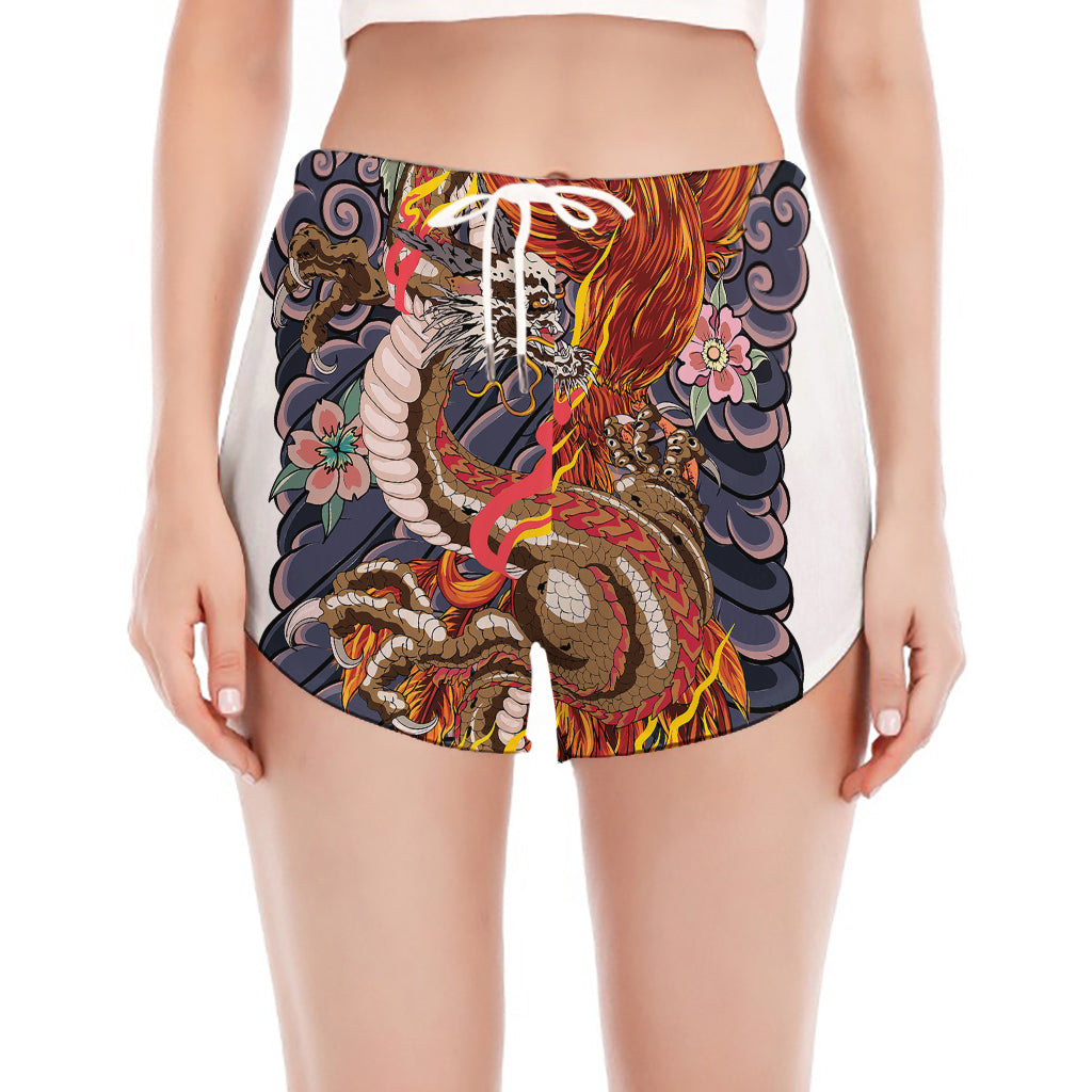 Japanese Dragon And Phoenix Tattoo Print Women's Split Running Shorts