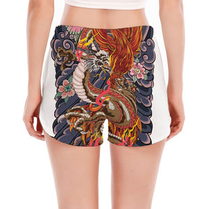 Japanese Dragon And Phoenix Tattoo Print Women's Split Running Shorts