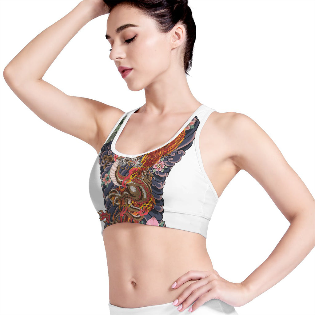 Japanese Dragon And Phoenix Tattoo Print Women's Sports Bra