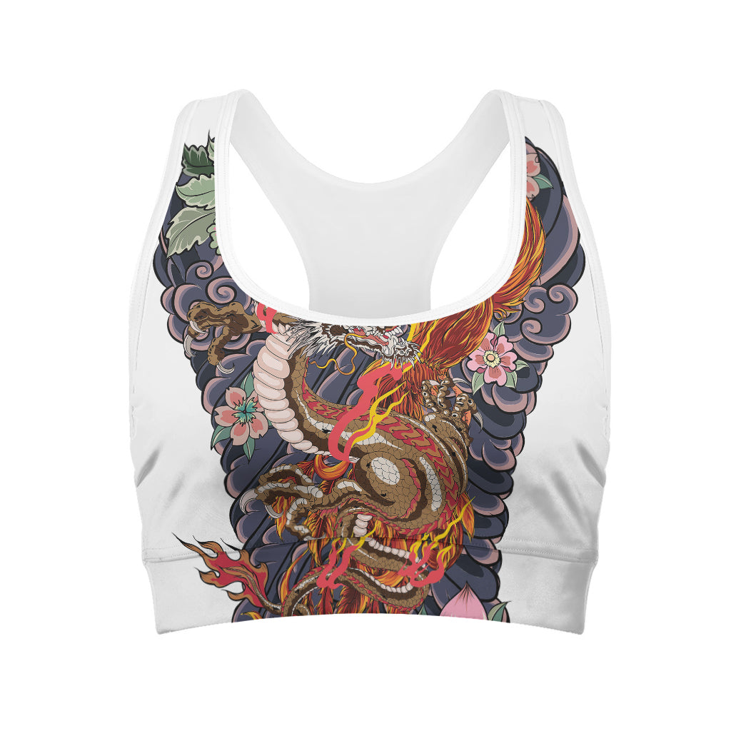 Japanese Dragon And Phoenix Tattoo Print Women's Sports Bra