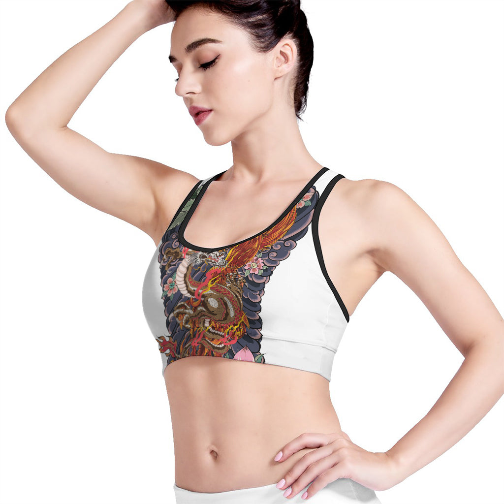 Japanese Dragon And Phoenix Tattoo Print Women's Sports Bra