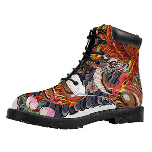 Japanese Dragon And Phoenix Tattoo Print Work Boots