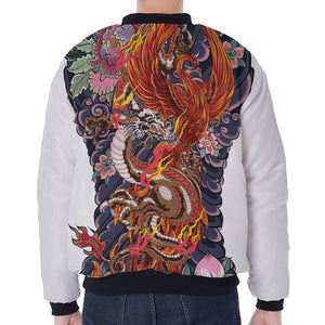 Japanese Dragon And Phoenix Tattoo Print Zip Sleeve Bomber Jacket