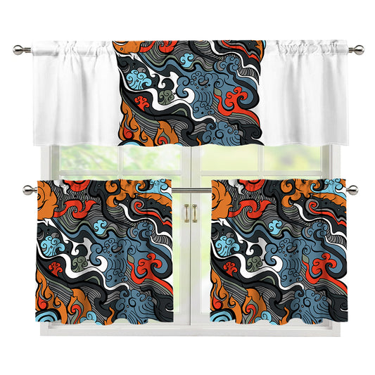 Japanese Elemental Tattoo Print 3 Piece Kitchen Curtains