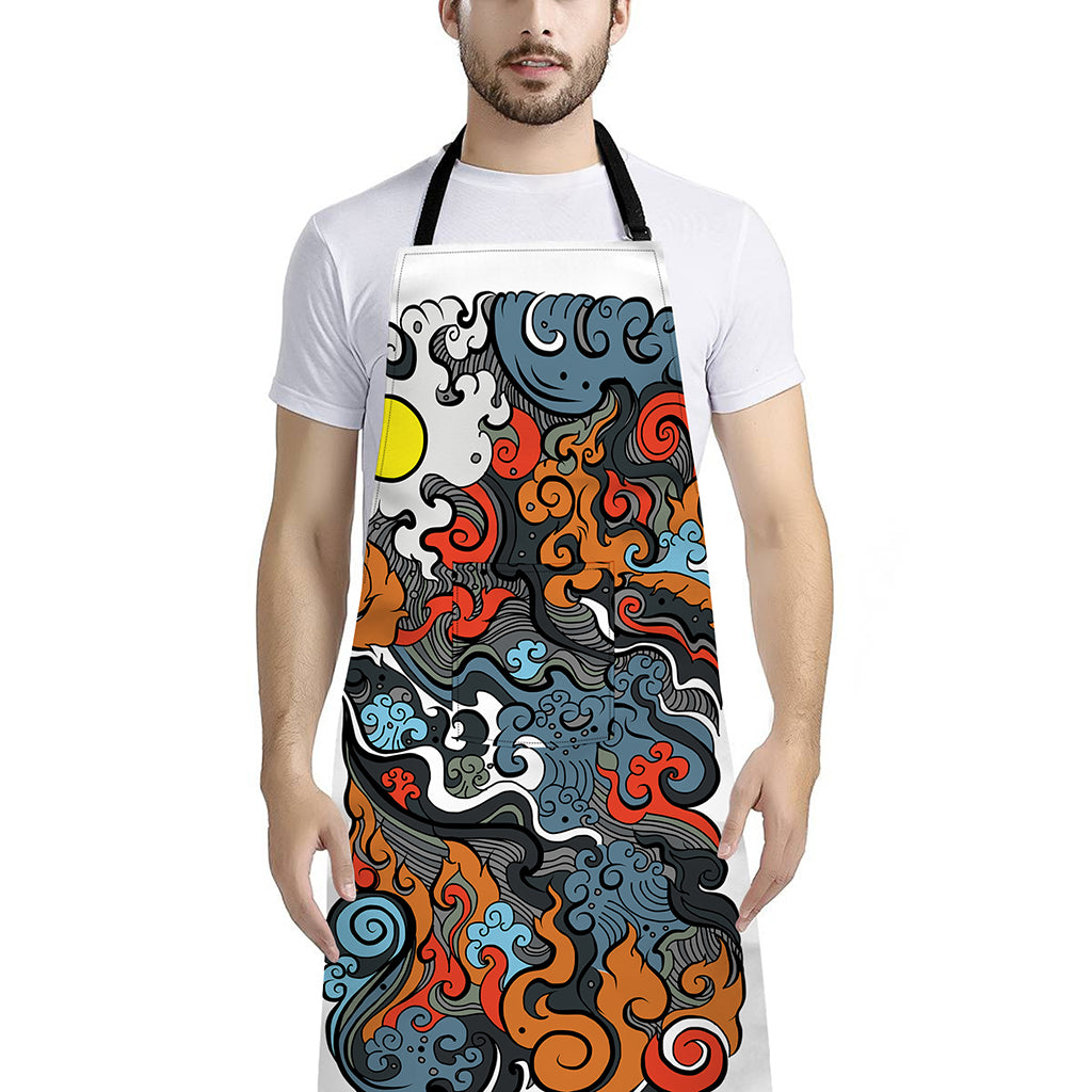 Japanese Elemental Tattoo Print Bib Apron With Pocket