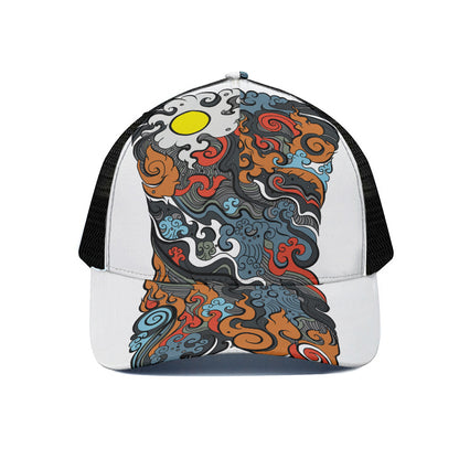 Japanese Elemental Tattoo Print Black Mesh Trucker Cap