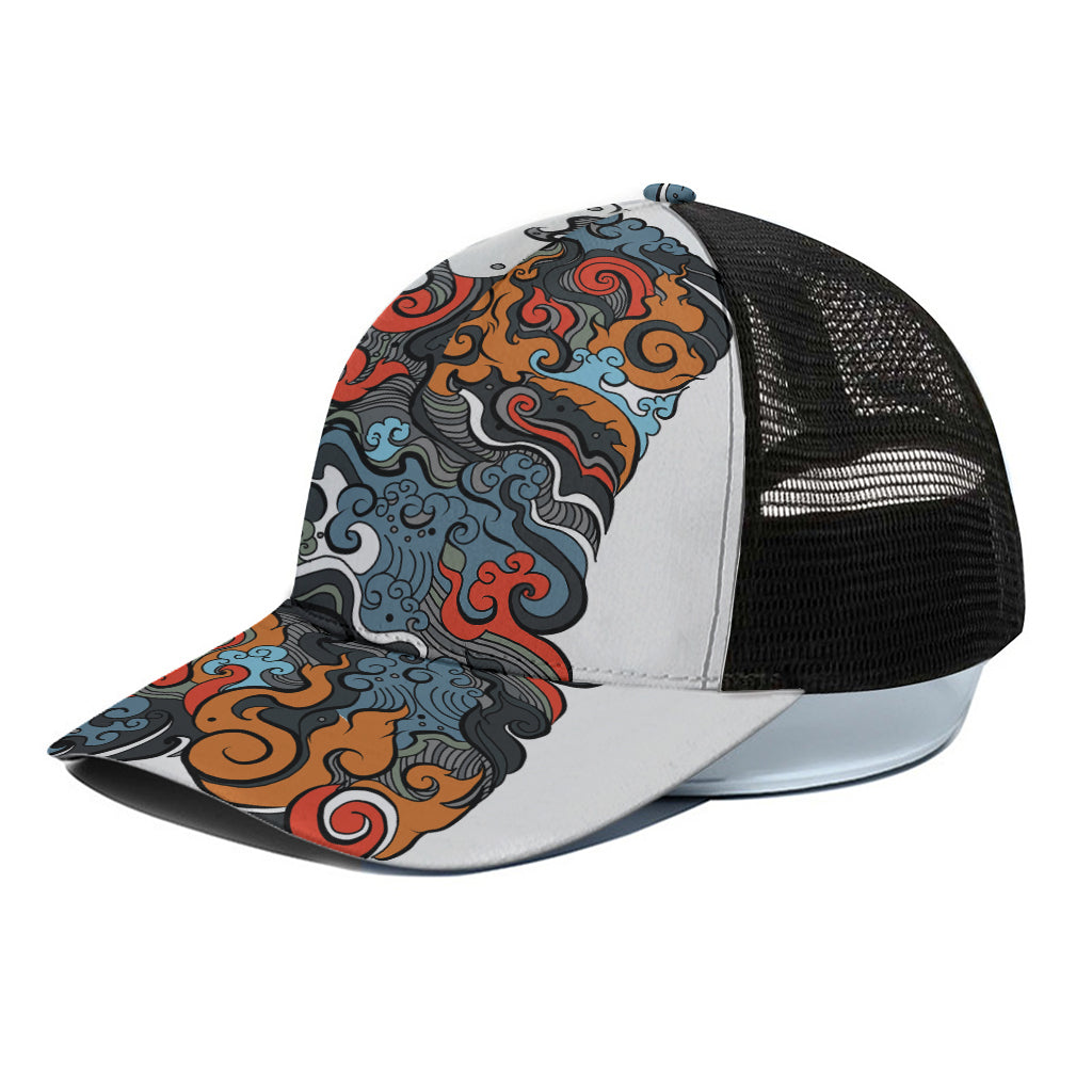 Japanese Elemental Tattoo Print Black Mesh Trucker Cap