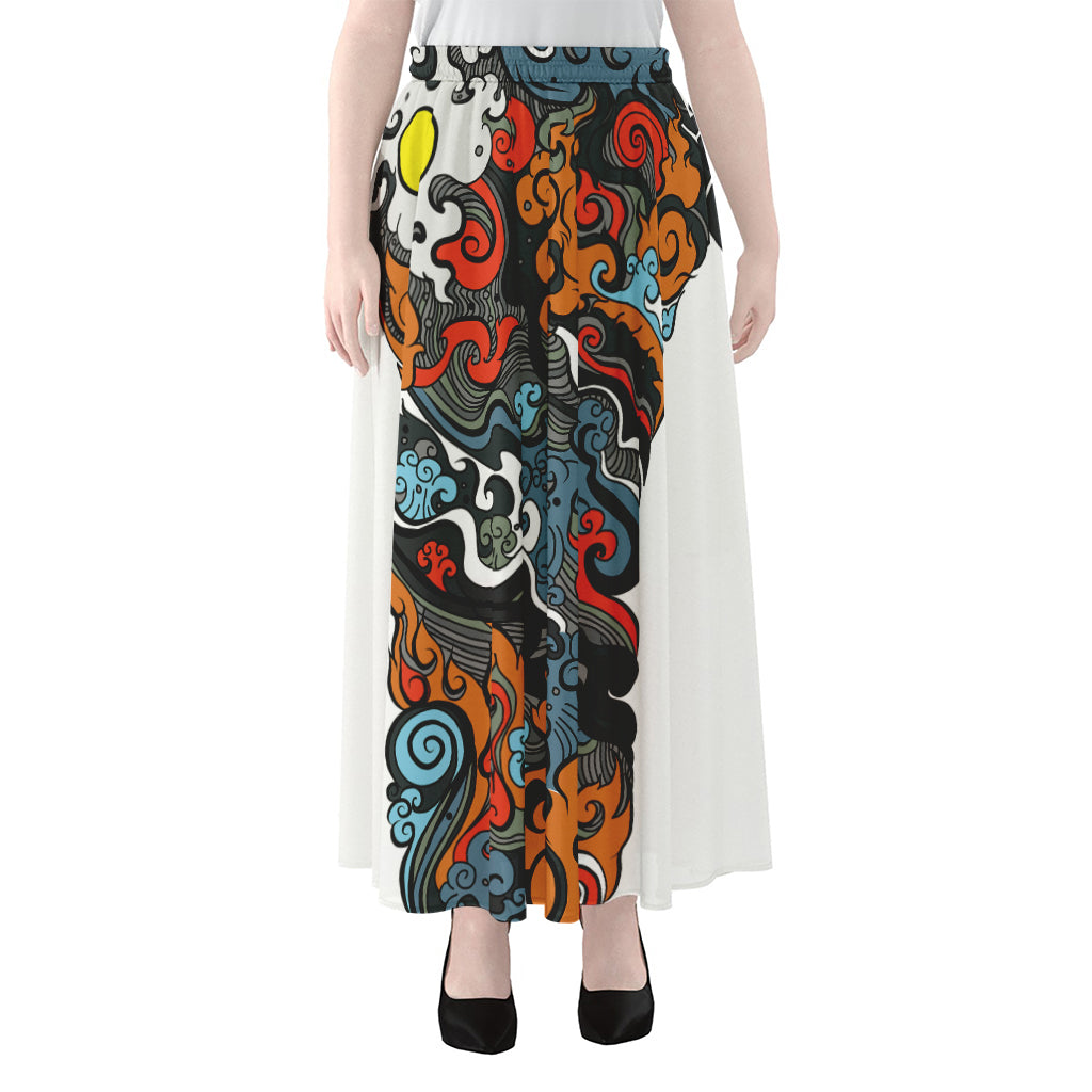 Japanese Elemental Tattoo Print Chiffon Maxi Skirt