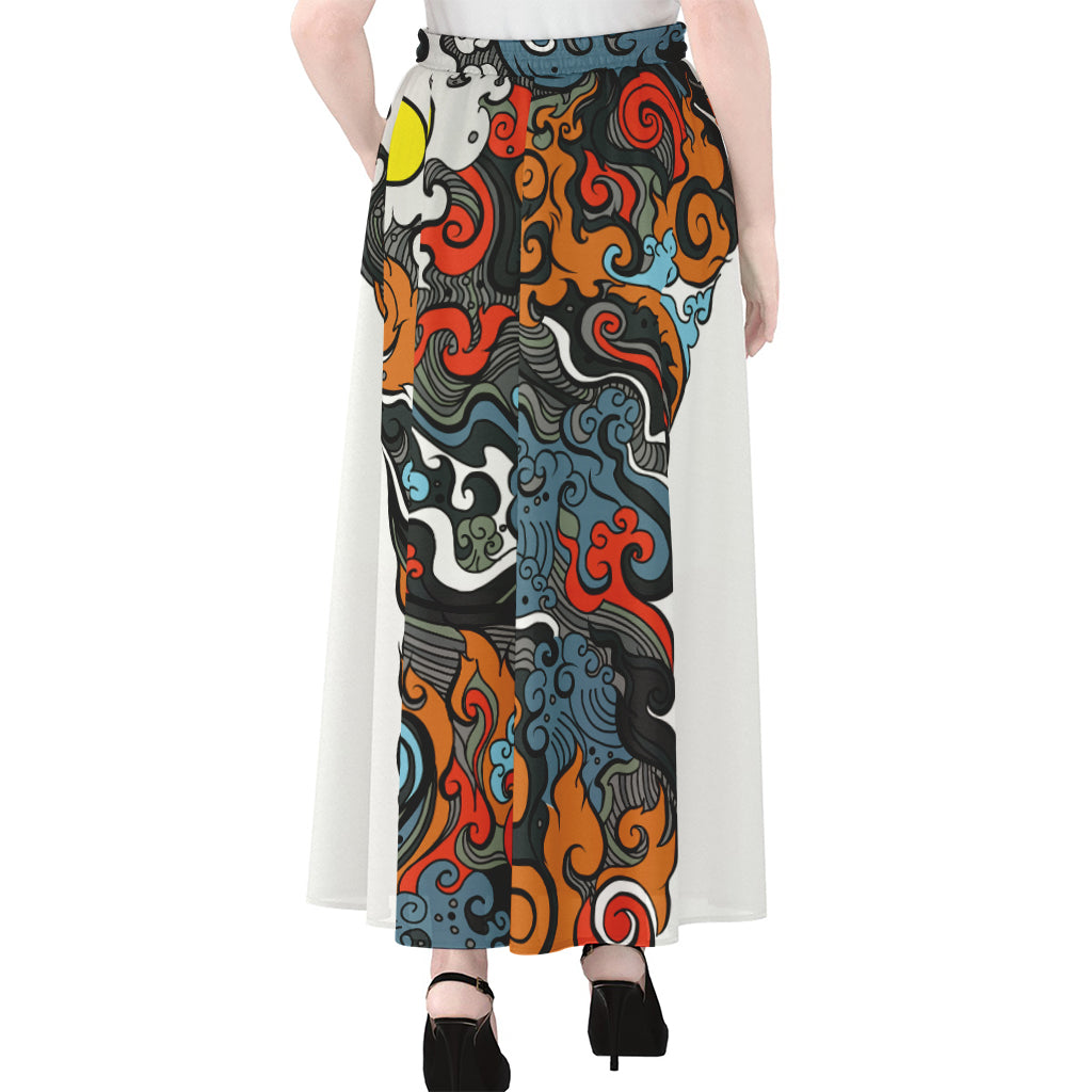 Japanese Elemental Tattoo Print Chiffon Maxi Skirt