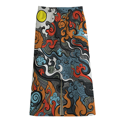 Japanese Elemental Tattoo Print Cotton Front Slit Maxi Skirt