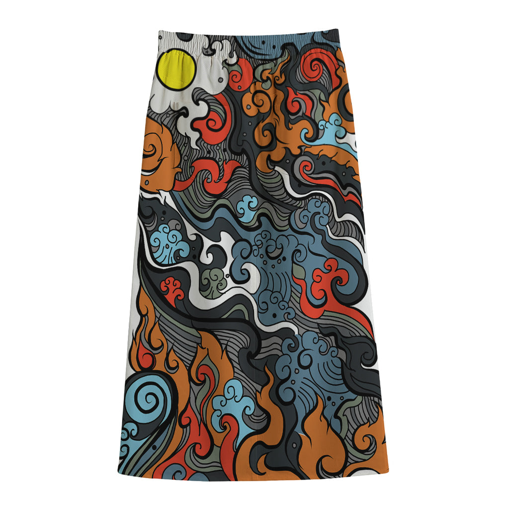 Japanese Elemental Tattoo Print Cotton Front Slit Maxi Skirt