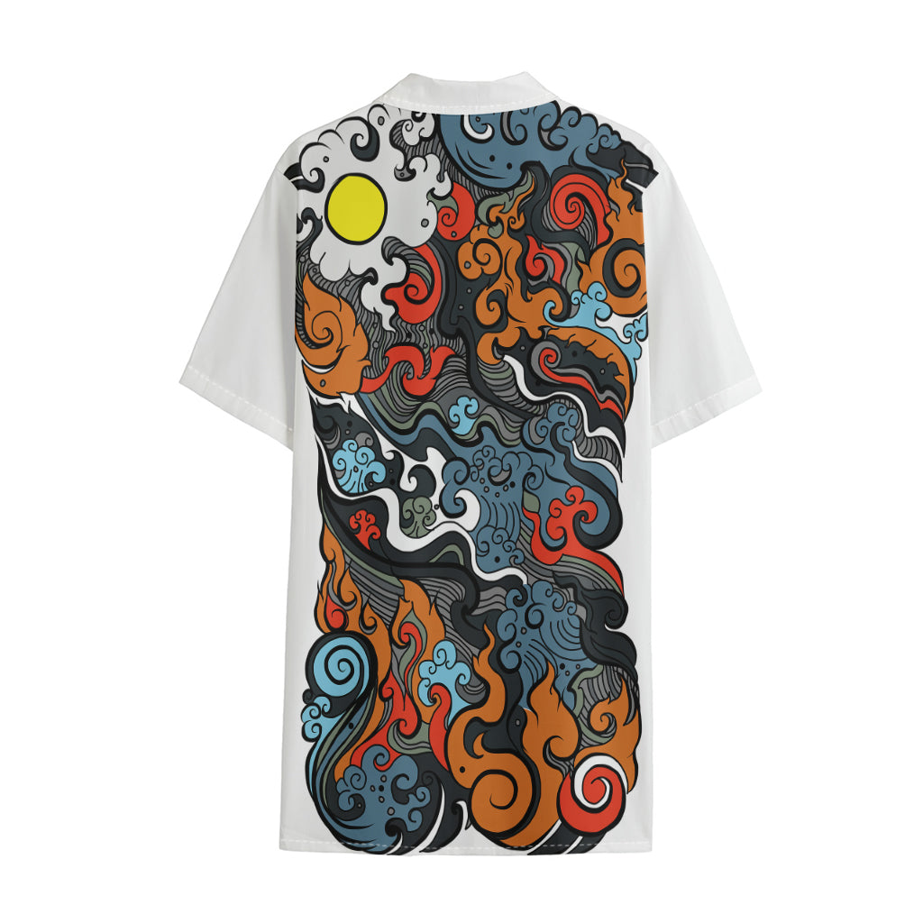 Japanese Elemental Tattoo Print Cotton Hawaiian Shirt