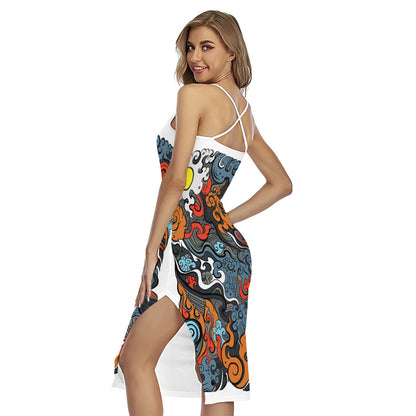 Japanese Elemental Tattoo Print Cross Back Cami Dress