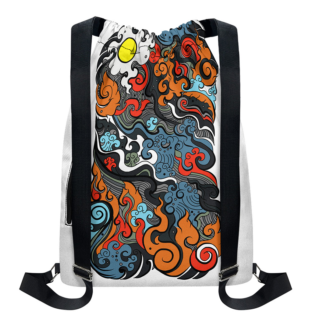 Japanese Elemental Tattoo Print Drawstring Backpack