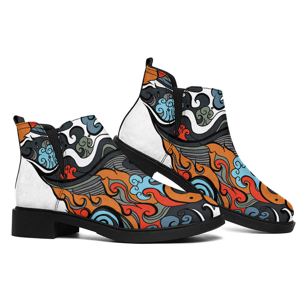 Japanese Elemental Tattoo Print Flat Ankle Boots