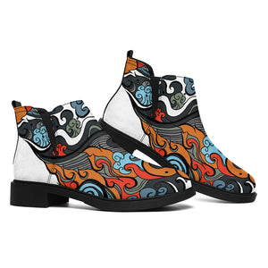 Japanese Elemental Tattoo Print Flat Ankle Boots