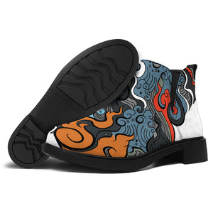 Japanese Elemental Tattoo Print Flat Ankle Boots