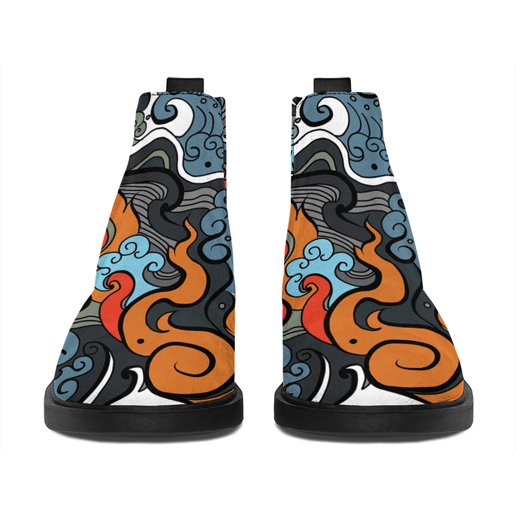 Japanese Elemental Tattoo Print Flat Ankle Boots