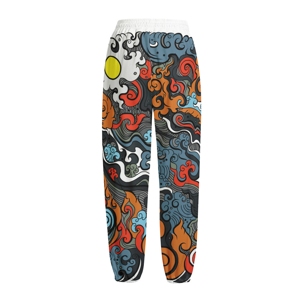 Japanese Elemental Tattoo Print Fleece Lined Knit Pants