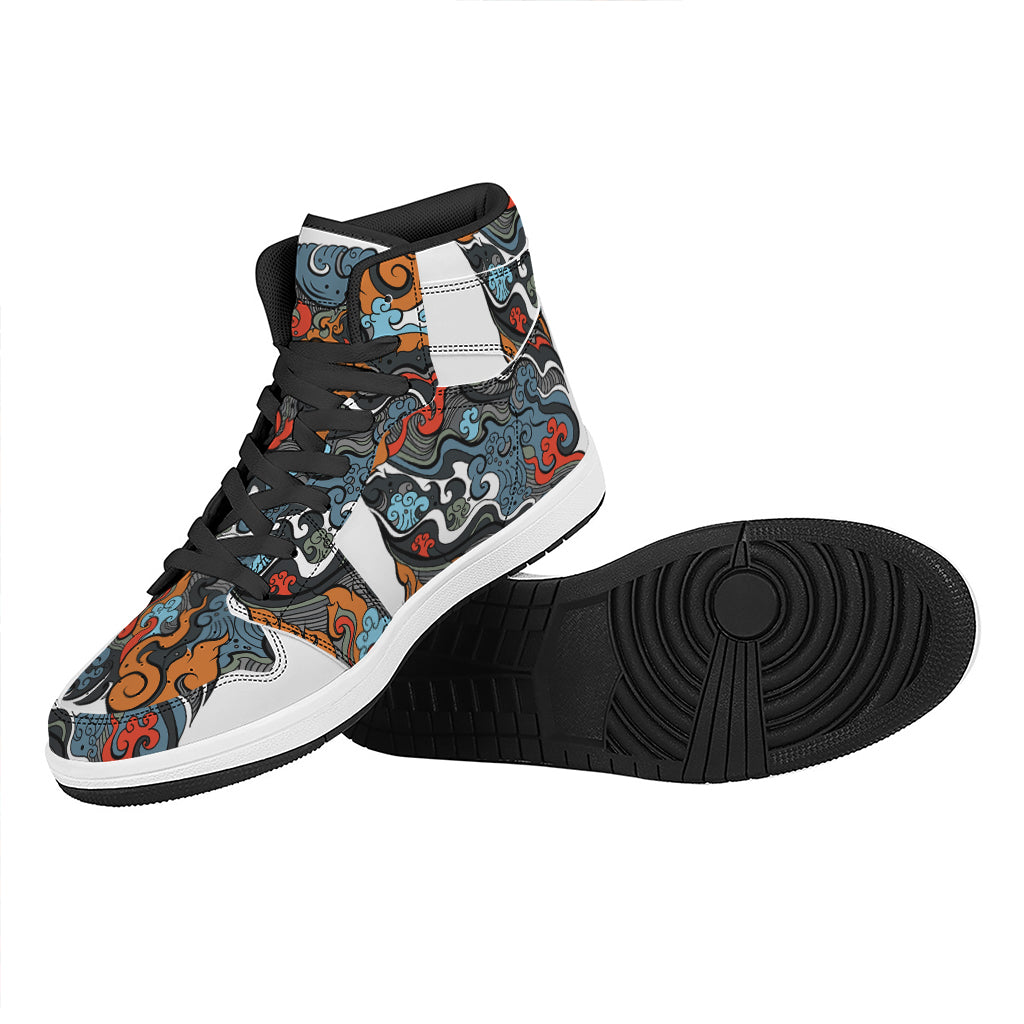 Japanese Elemental Tattoo Print High Top Leather Sneakers