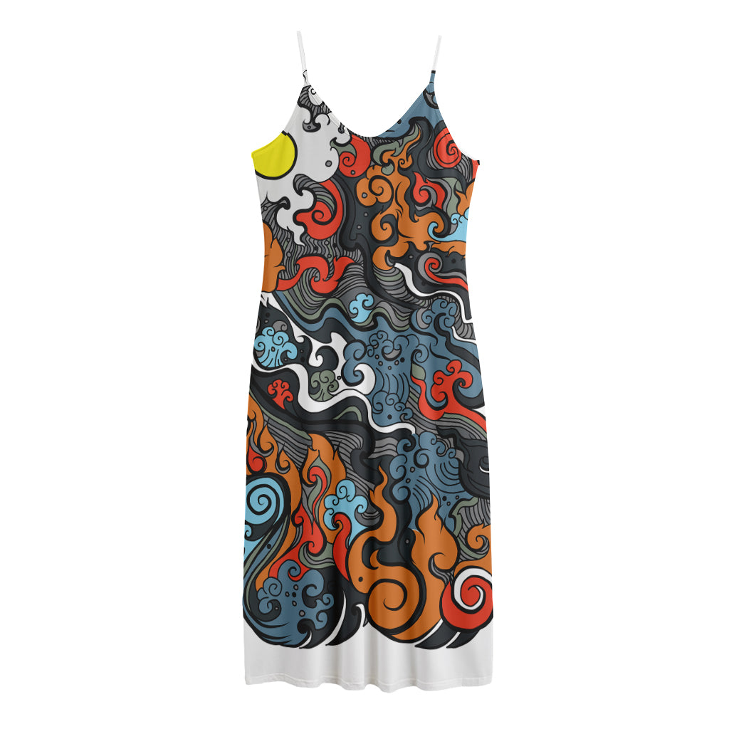 Japanese Elemental Tattoo Print Jersey Midi Cami Dress